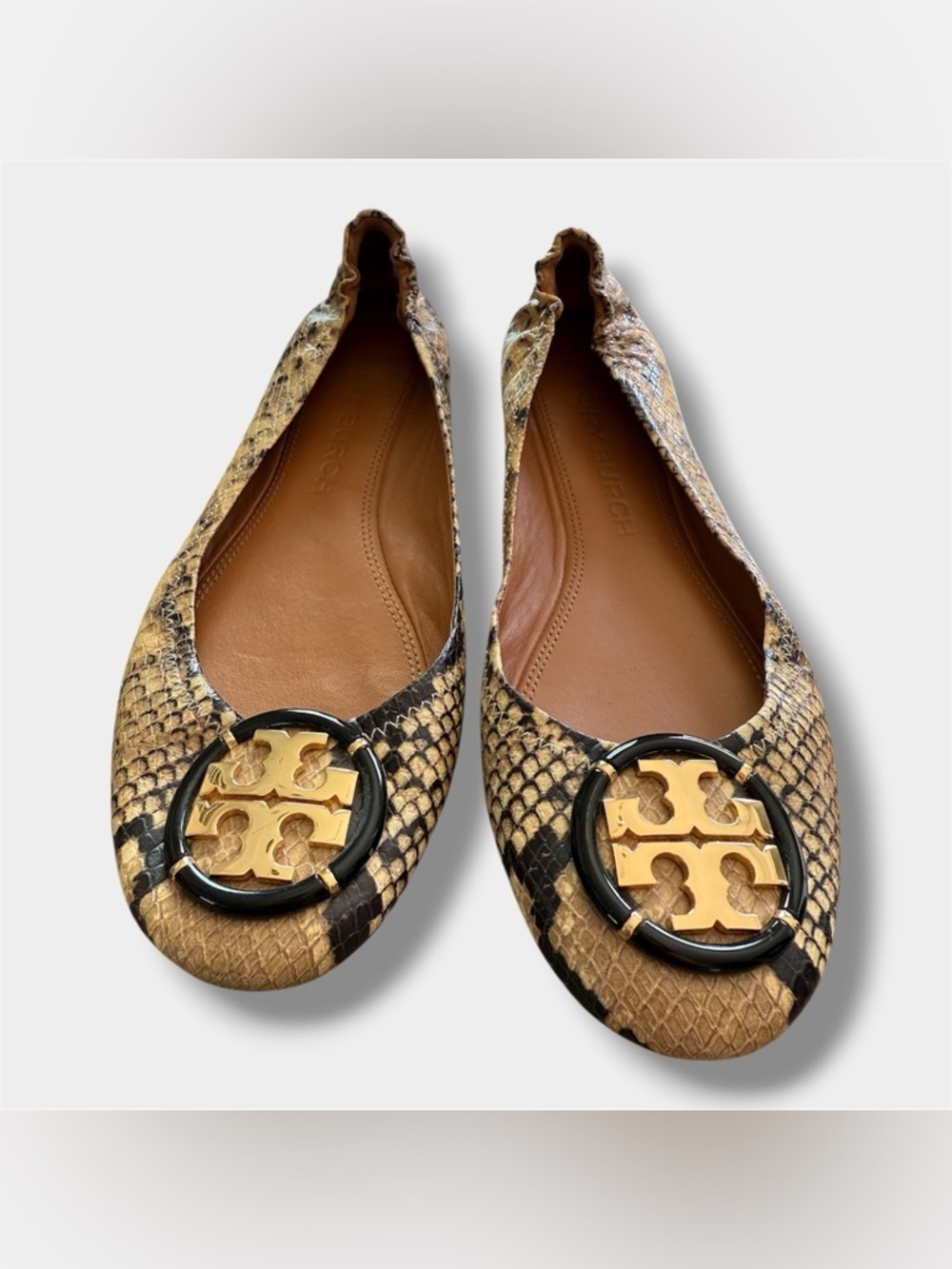 Tory Burch Snake Print Flats Gold Logo Medallion Ballet Shoes Women’s 10M